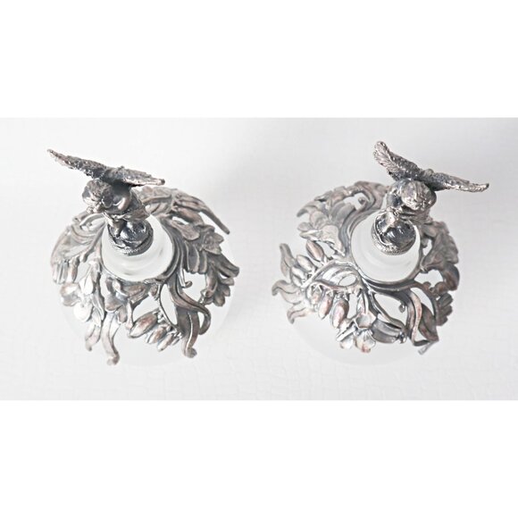 2 Vintage Glass & Pewter Perfume Bottles Winged Cherub Topper Glass - Picture 9 of 10